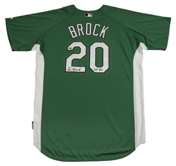 2008 Lou Brock Game Used/Signed Spring Training Green Cardinals Jersey, St. Patrick’s Day (Cardinals LOA and JSA)